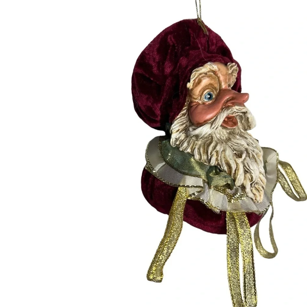 Santa Head Ornament Red Velvet Ceramic Jester? Baker? Big Eyes Gold Ribbon VTG